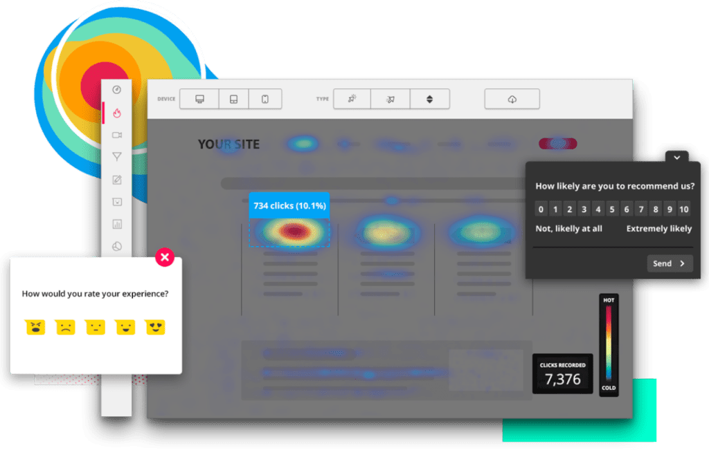Image of a screen showing heat maps where activity has taken place on the page, along with questions asking the user to rate their experience on the page